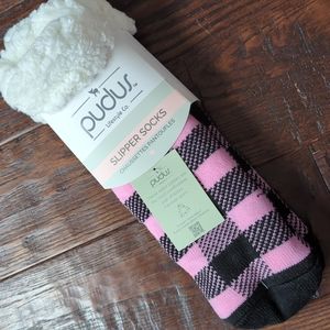 PUDUS I NWT Lumberjack Check Candy Pink & Black Recycled Slipper Socks, 5-11